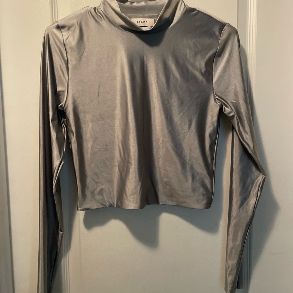 Aritzia shiny silver cropped shirt